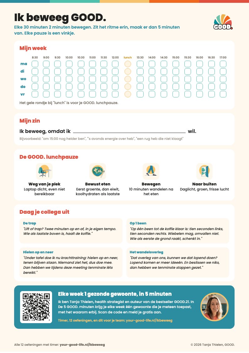 Voorbeeld van het afvinkblad: een weekraster met vakjes per half uur, de zin Ik beweeg omdat ik, de GOOD. lunchpauze en vier uitdagingen voor je collega