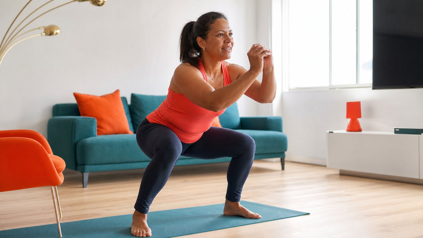 vrouw doet een squat in haar woonkamer