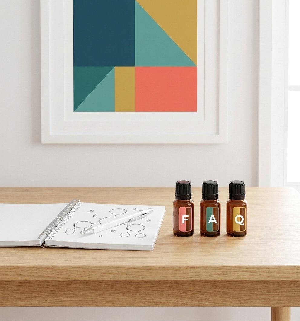Keukentafel met twee koppen thee, een notitieboek en een paar amberkleurige olieflesjes.