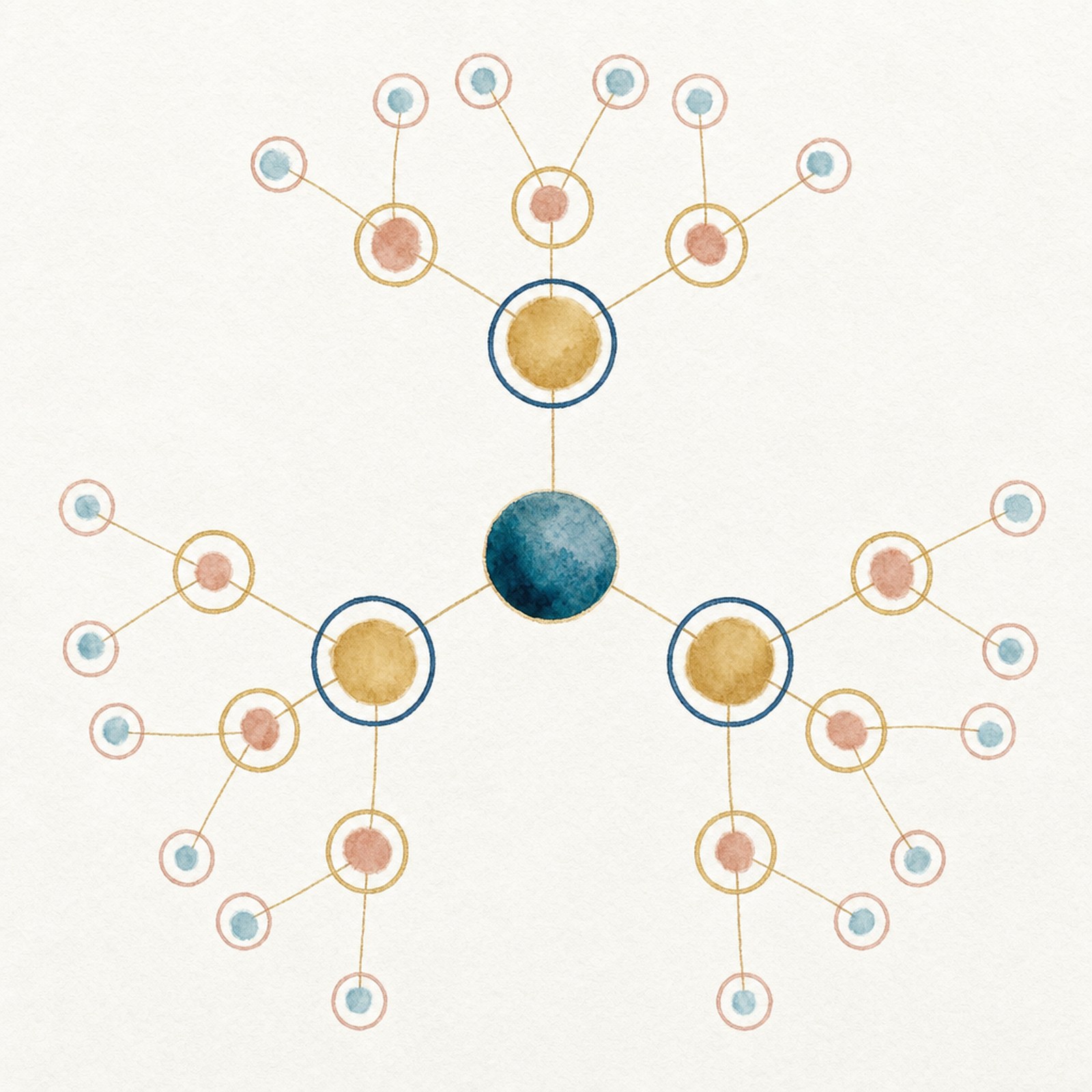 De focus map, de vorm: jij in het midden in donkerblauw, drie gouden builders om je heen met een donkerblauwe ring, onder elk van hen drie roze cirkels met een gouden ring, en onder die negen telkens twee turquoise cirkels met een roze ring.