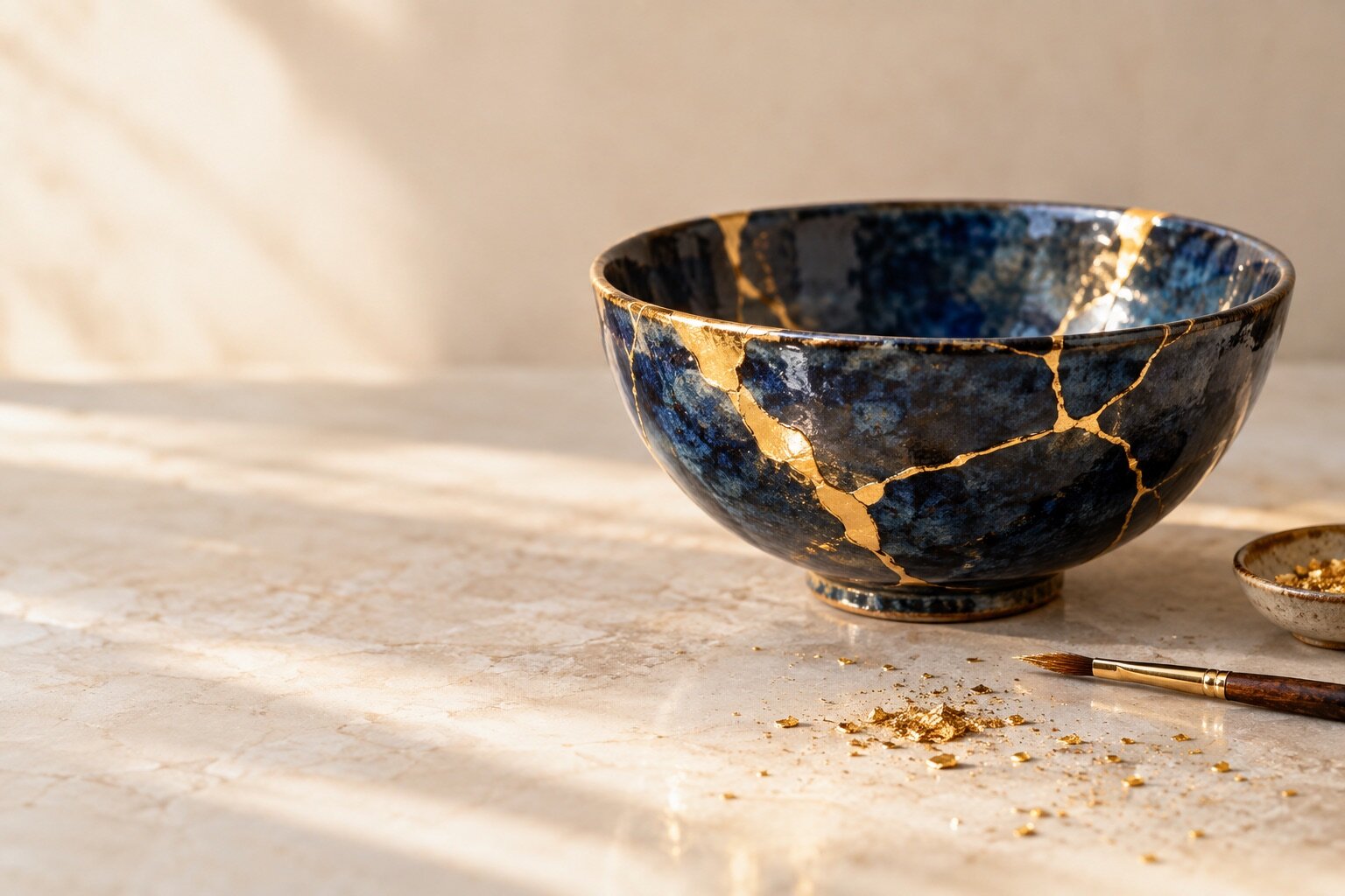 Een donkerblauwe kom, gerepareerd met gouden naden (kintsugi)