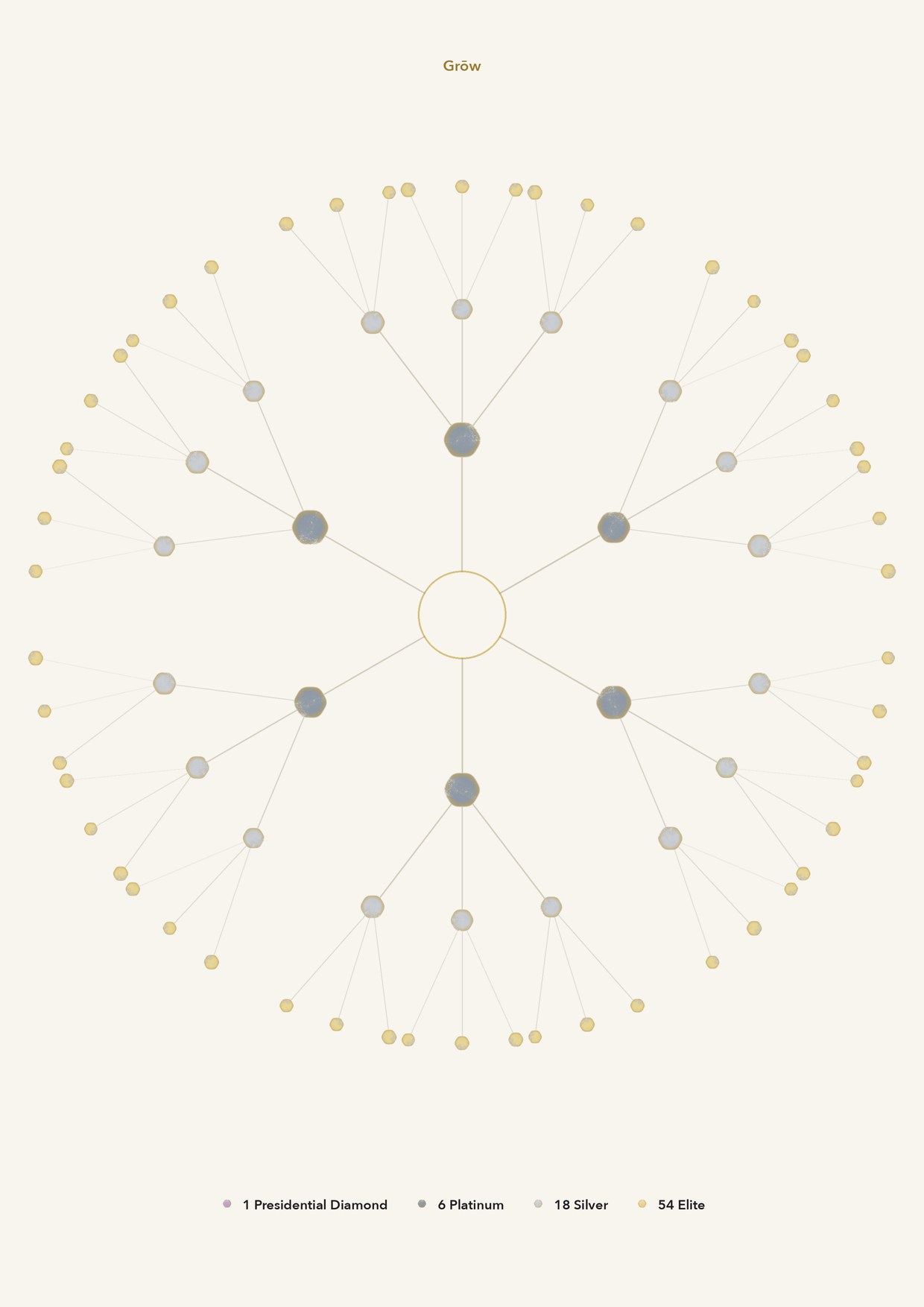 Poster van de volledige Presidential Diamond-structuur als mandala: jij in het midden, zes Platinum eromheen, achttien Silver en vierenvijftig Elite. Alles rust op Elite.