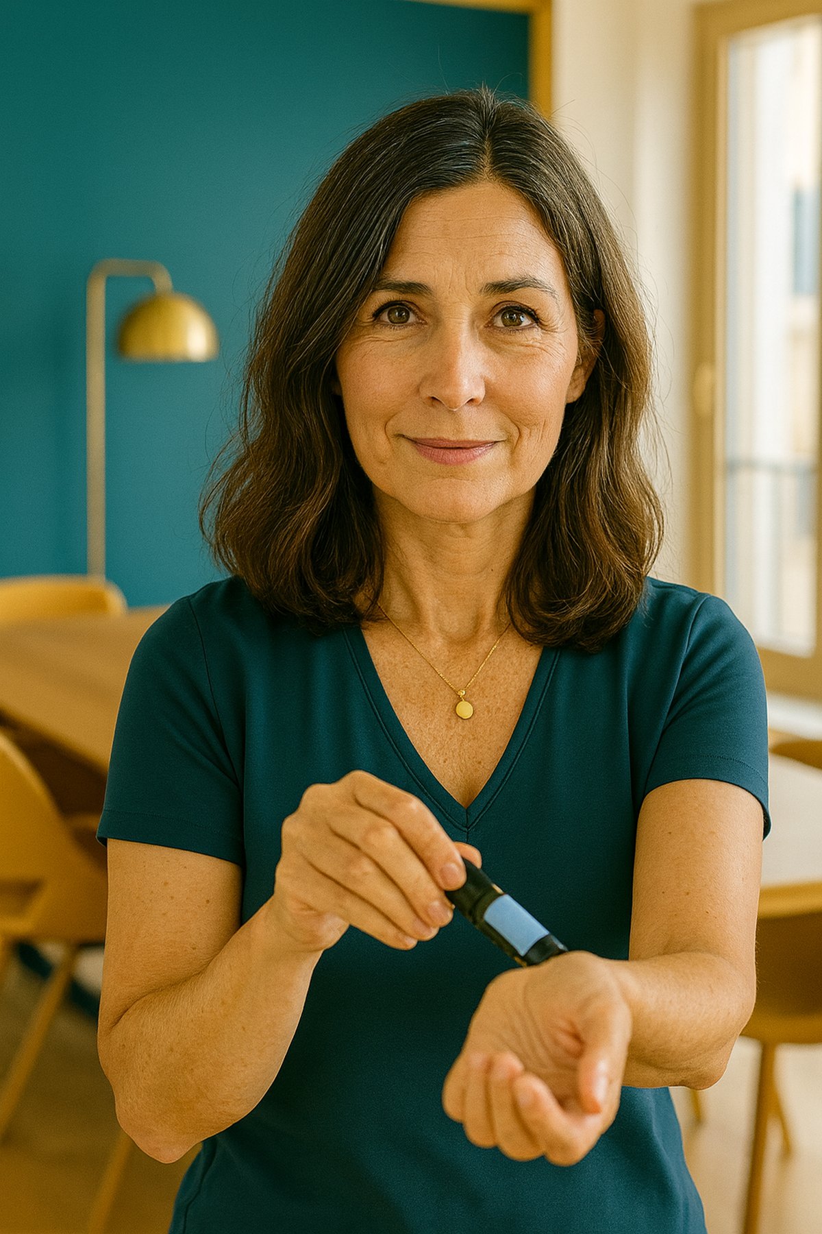 Amanda zit aan een houten tafel en werkt geconcentreerd met een druppelflesje in haar hand.