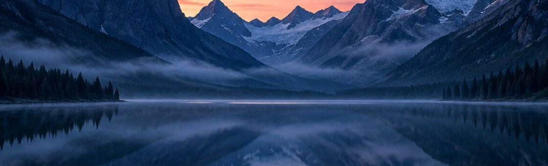 Een bergmeer bij zonsopkomst, mist boven het water