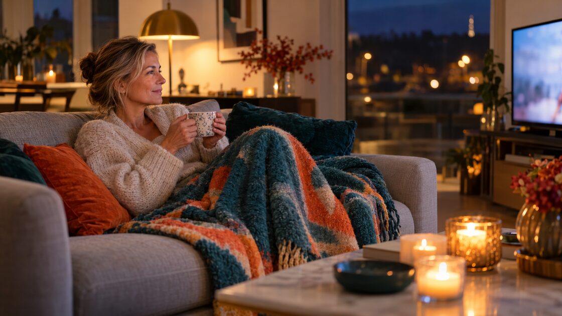Een vrouw zit 's avonds onder een deken op de bank met een mok thee, kaarsjes aan, buiten is het donker