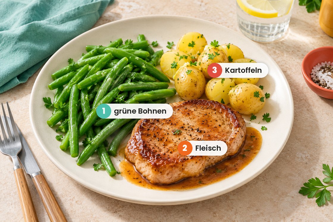 Ein Teller mit der Reihenfolge: 1 grüne Bohnen, 2 Fleisch, 3 Kartoffeln