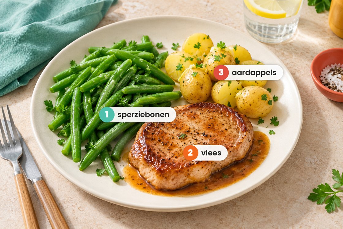 Een bord met de eetvolgorde: 1 sperziebonen, 2 vlees, 3 aardappels