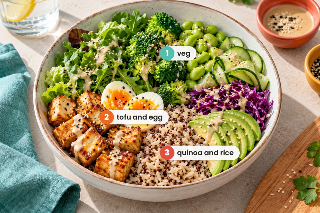 A bowl showing the eating order: 1 veg, 2 tofu and egg, 3 quinoa and rice
