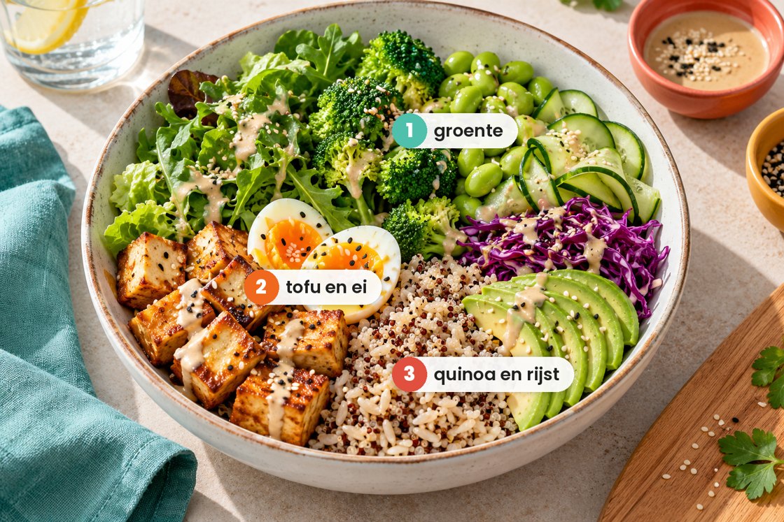 Een bowl met de eetvolgorde: 1 groente, 2 tofu en ei, 3 quinoa en rijst