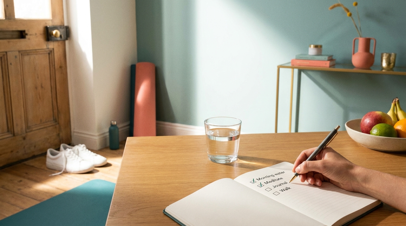 Een open notitieboek op de eettafel, met een pen, een glas water en sportschoenen bij de deur