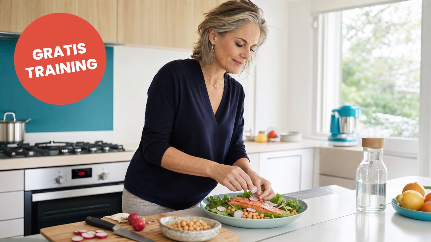 Vrouw in een lichte keuken maakt een salade met zalm en kikkererwten op