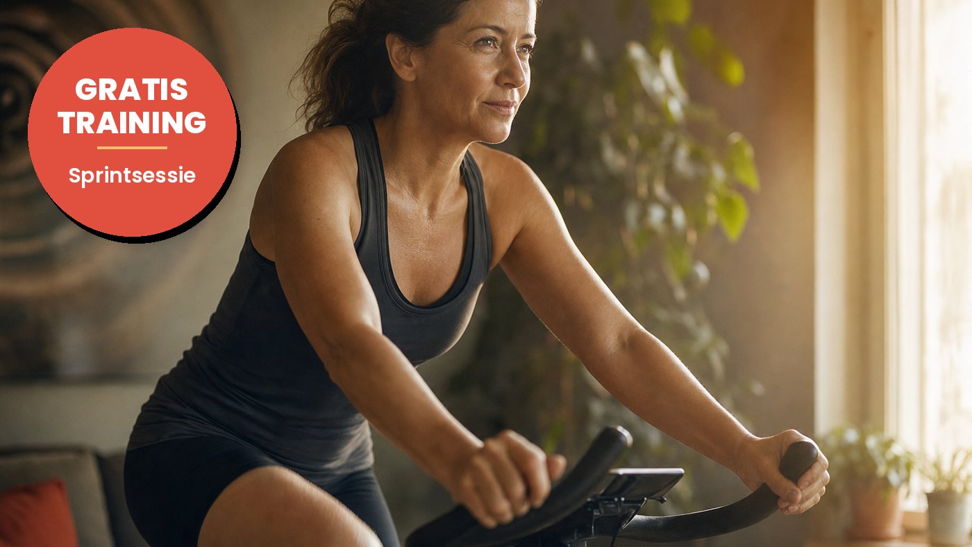 Vrouw sprint op een hometrainer in een lichte woonkamer