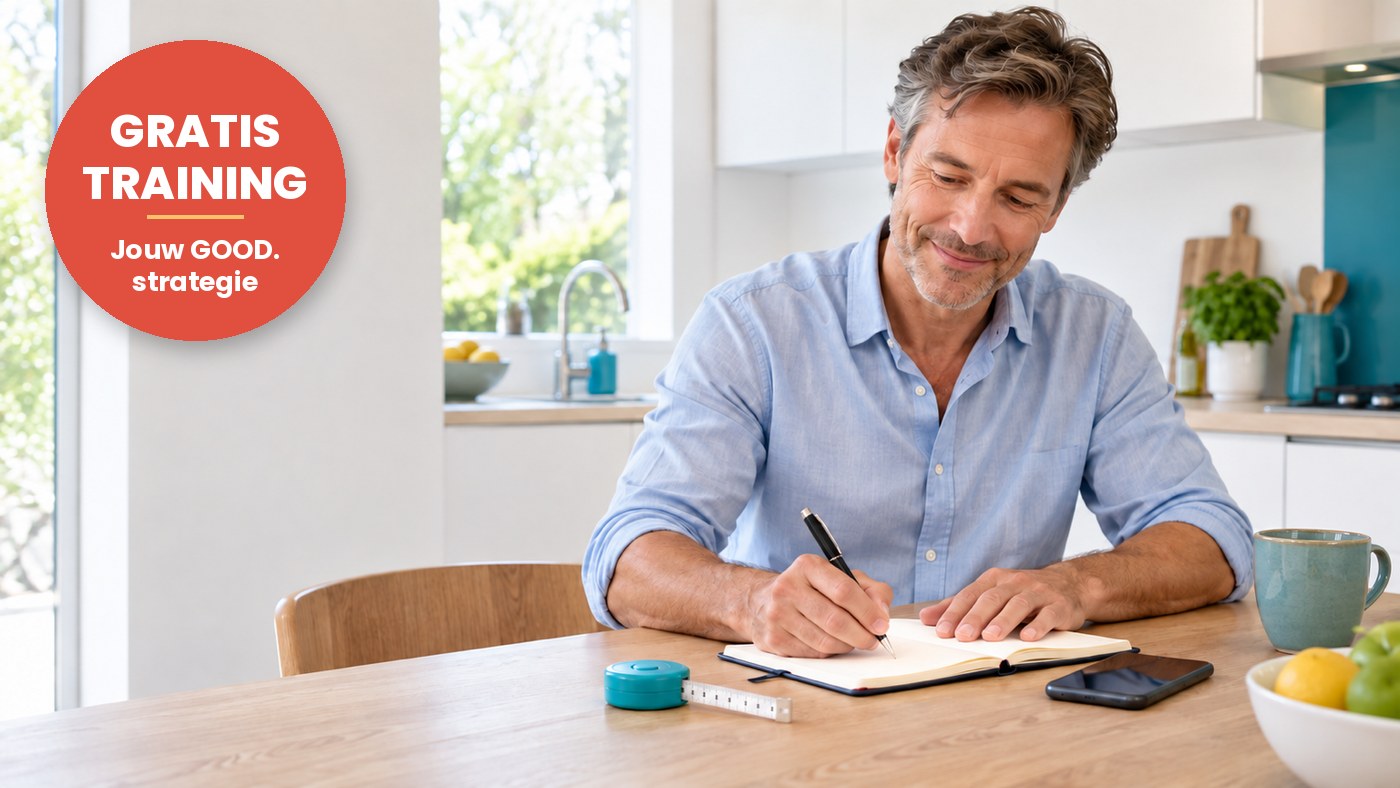 Man aan een lichte keukentafel schrijft zijn doel op, met een meetlint en zijn telefoon ernaast