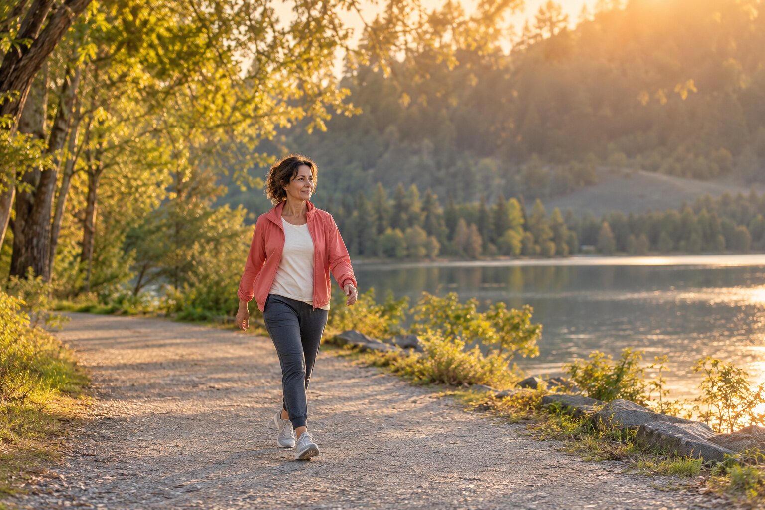 Een vrouw wandelt energiek buiten in het gouden avondlicht, bewegen als onderdeel van de GOOD. lifestyle