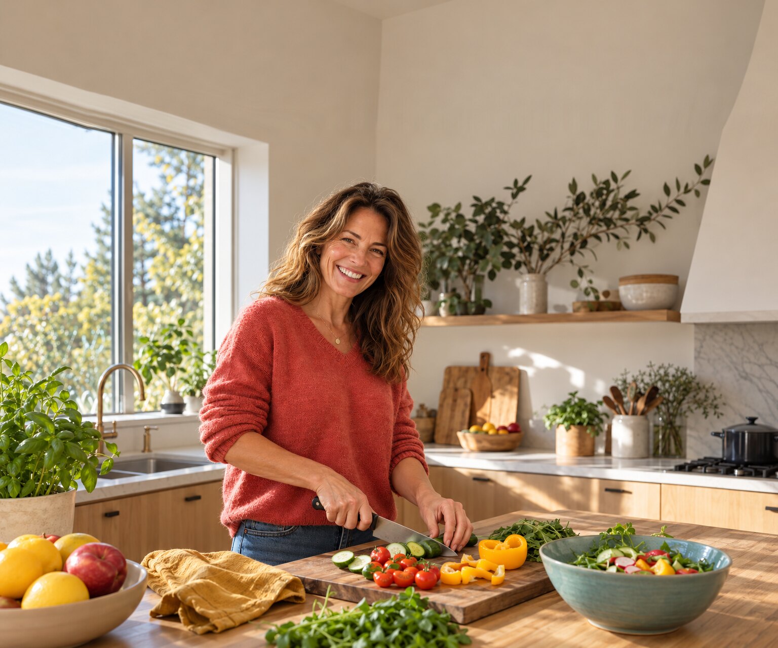 Een vrouw bereidt vrolijk een kleurrijke maaltijd met verse groenten in haar zonnige keuken, de GOOD. lifestyle in de praktijk